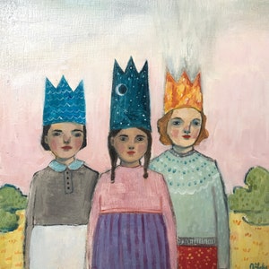 Print everything was theirs print of oil painting, wall art, giclee print, art, three girls, sisters, crowns, best friends image 1