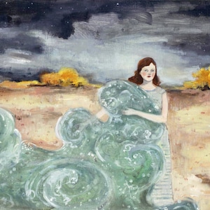 May include: A woman in a green and white dress stands in a field with a stormy sky above. The dress is made of swirling fabric that resembles waves.