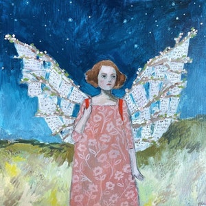 Ella hizo alas de cartas de amor y coraje - pintura al óleo impresa, impresión de arte de pared, impresiones, arte cuadrado, bellas artes