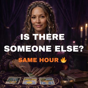 May include: A woman sits at a table with tarot cards, lit candles, and a crystal ball. Text on the image reads "IS THERE SOMEONE ELSE? SAME HOUR" with a flame emoji. The scene is set in a dimly lit room with purple decor.