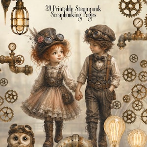 Könnte beinhalten: Eine digitale Sammlung mit dem Titel Industrial Dreams 39 Printable Steampunk Scrapbooking Pages von Nelly Emmerich mit zwei Kindern in brauner Steampunk-Kleidung, einer Eule mit Schutzbrille, Zahnrädern, Rohren und Glühbirnen auf hellem Grund.