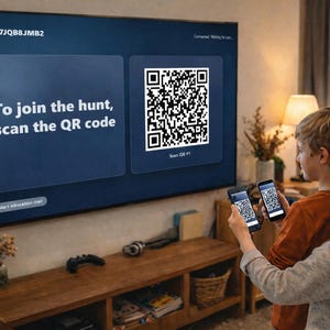 Puede incluir: Una pantalla de televisi&oacute;n grande muestra un c&oacute;digo QR y el texto "Para unirte a la b&uacute;squeda, escanea el c&oacute;digo QR". Dos ni&ntilde;os sostienen tel&eacute;fonos inteligentes que muestran c&oacute;digos QR coincidentes. La escena es en una sala de estar.