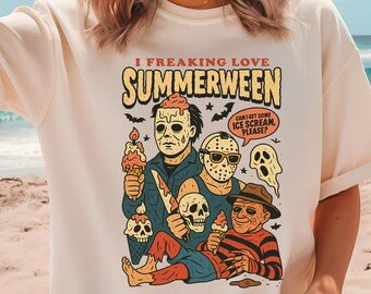 Comfort Colors Summerween T Shirt, I Freaking Love Summer Shirt, Funny Halloween Tshirt, Horror Characters Shirt, Halloween in Summer Shirts