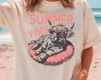 Comfort Colors Summer vibes shirt, Highland cow design shirt, Retro summer shirt, Funny beach cow shirt, Summer beach graphic tshirt
