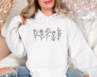 Wildflowers Hoodie, Minimalist Hoodie, Aesthetic Hoodie, Floral Hoodie for Women, Wild Flowers Graphic, Cute Woman Hoodie, Botanical Hoodie