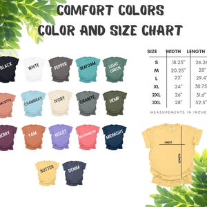 May include: Color and size chart for t-shirts in various colors, including black, white, pepper, seafoam, light green, terracotta, Chambray, ivory, granite, hemp, berry, yam, violet, watermelon, midnight, butter, and denim. The chart shows measurements in inches for sizes S, M, L, XL, 2XL, and 3XL.