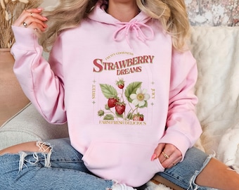 Strawberry Dreams Hoodie, Trendy Strawberry Hoodie, Cute Strawberry Gift For Fruit Lovers,Botanical Garden Gift, Vintage Inspired Strawberry