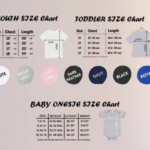 May include: Size charts for youth, toddler, and baby onesies. The youth chart includes sizes S-XL with chest and length measurements in inches. The toddler chart includes sizes 2T-5T with chest and length measurements in cm. The baby onesie chart includes sizes 3-21 months.