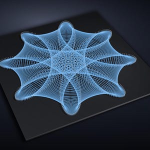 May include: A string art piece featuring light blue thread woven in a complex, symmetrical geometric pattern across a dark square board. The design creates a star-like shape with multiple intersecting curves and points anchored by small pins.