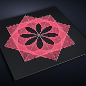 May include: A string art piece featuring a geometric star pattern created with vibrant pink thread wrapped around silver nails. The design is set against a solid black square board, showcasing a symmetrical floral motif formed by intricate thread lines.