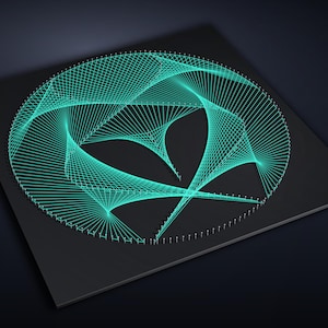 May include: A square black board featuring a circular string art design created with bright teal thread. The thread is wrapped around small silver pins arranged in a circle, forming complex geometric patterns and intersecting lines.