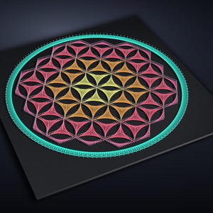 May include: A string art piece on a black square board featuring a circular geometric pattern. The design uses vibrant thread in yellow, orange, and pink, creating a flower-like motif enclosed by a bright turquoise circular border of pins.