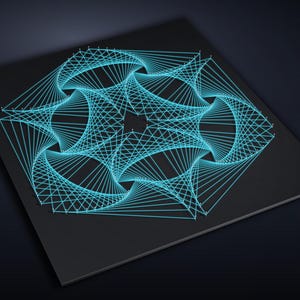May include: A square black board featuring a geometric string art design created with bright cyan thread wrapped around small white pins. The threads form a complex, symmetrical pattern of intersecting curves and star-like shapes.