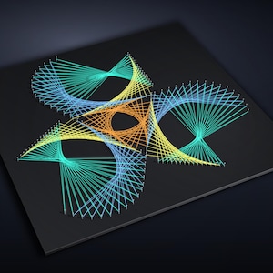 May include: A square black board featuring a geometric string art design. The pattern is created with thin threads in gradient shades of teal, blue, yellow, and orange, forming intricate curved shapes and a central triangular void.