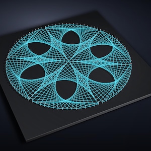 May include: A square black board featuring a circular string art design created with bright cyan thread wrapped around small silver nails. The thread forms a complex geometric pattern with six petal-like shapes arranged in a symmetrical radial layout.