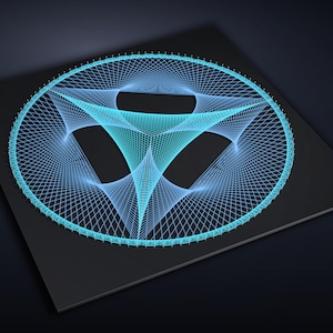 May include: A circular string art piece featuring a complex geometric pattern created with light blue thread stretched between pins. The design forms a central three-pointed star shape within a circular frame, set against a solid black square base.