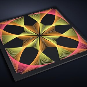 May include: A square string art piece on a black board featuring a geometric pattern created with yellow, orange, and pink threads. The threads are wrapped around small nails to form a symmetrical, star-like design with curved, intersecting lines.