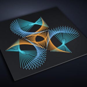 May include: A square black board featuring string art created with light blue and orange thread. The threads are wrapped around small silver nails to form a geometric pattern with curved, intersecting shapes and a central triangular void.