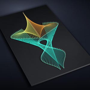 May include: A string art piece on a rectangular black board featuring a geometric design created with orange, yellow, and teal threads wrapped around silver nails. The pattern forms complex, intersecting curves and sharp, pointed shapes.