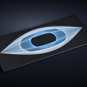 May include: A string art piece on a rectangular black board featuring a central eye-shaped design. The pattern is created with white and light blue threads wrapped around small metal nails, forming a geometric, layered, and symmetrical structure.