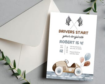 May include: A birthday invitation for a 4-year-old boy with a cartoon race car and checkered flags. The text reads "Drivers start your engines Robert is 4!" with the date, time, and RSVP information.