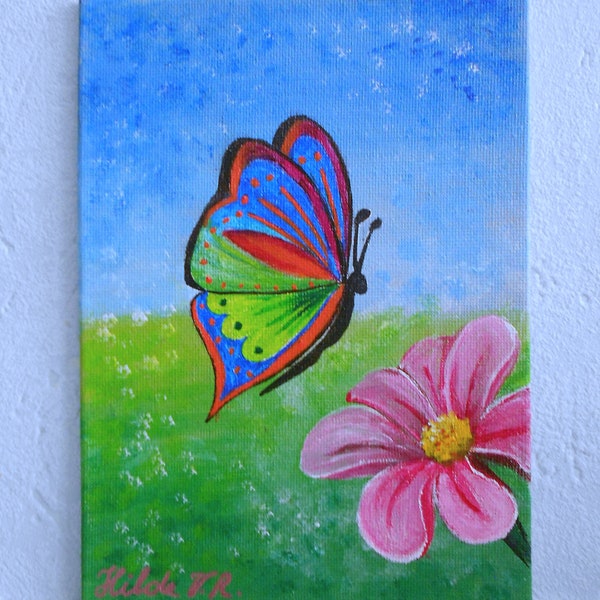 Vlinder origineel uniek schilderij, acryl 17.5x13cm canvasboard, vrolijk, warme kleuren, groen, roze, natuur, muurkunst, handgemaakt