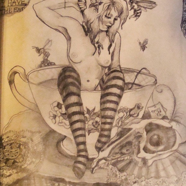 Print taken from my sketchbook of a bather in tea cup, a squirrel skull, bees, beetles and lace study 8 by 10