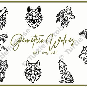 May include: A collection of black geometric wolf illustrations on a white background. The designs include wolves howling, standing, and running, with the text Geometric Wolves, dxf, svg, pdf centered in the middle in a gold script font.