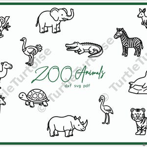 Può includere: Una collezione digitale di illustrazioni in bianco e nero che raffigura vari animali dello zoo, tra cui un koala, un elefante, un canguro, una zebra, un coccodrillo, uno struzzo, un cammello, una foca, una giraffa, una tartaruga, un fenicottero, un rinoceronte e una tigre con il testo ZOO Animals.