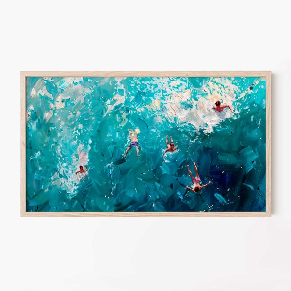 3d Beach Tv Art, Ocean Swimmers Tv Art, Surfers Tv Art, Samsung Frame Tv, Oil Painting, Beach Painting, Art for Beach House, Coastal Art 49