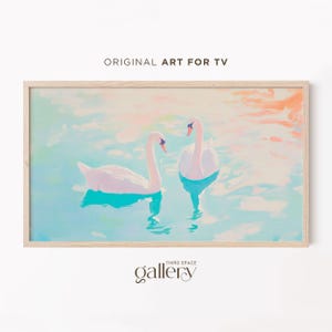 Frame Tv Art Swans, Romantic Vintage Decor, Digital Download for Valentine&#39;s Day, Pastel Swan Painting, Peaceful Lake Landscape Art 859
