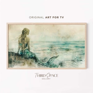 Watercolor Mermaid Painting for Samsung Frame TV - Vintage Rustic Summer Art Print, Coastal Decor, Little Mermaid Printable Wall Art 309