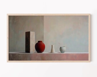 Jewel Tones Samsung Frame Tv Art, Mid Century Modern, Still Life Painting, Painting Of Vases, Tv Art For Stylish Home, Retro Moody Art 24