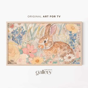 Samsung Tv Art Easter Bunny, Cute Rabbit, Pastel Watercolor Spring Digital Download, Vintage Nursery Decor, Floral Frame TV Art for Kids 844