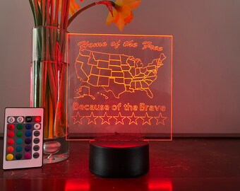 Engraved Patriotic Acrylic LED Light - Home of the Free- 16 color - Remote Controlled