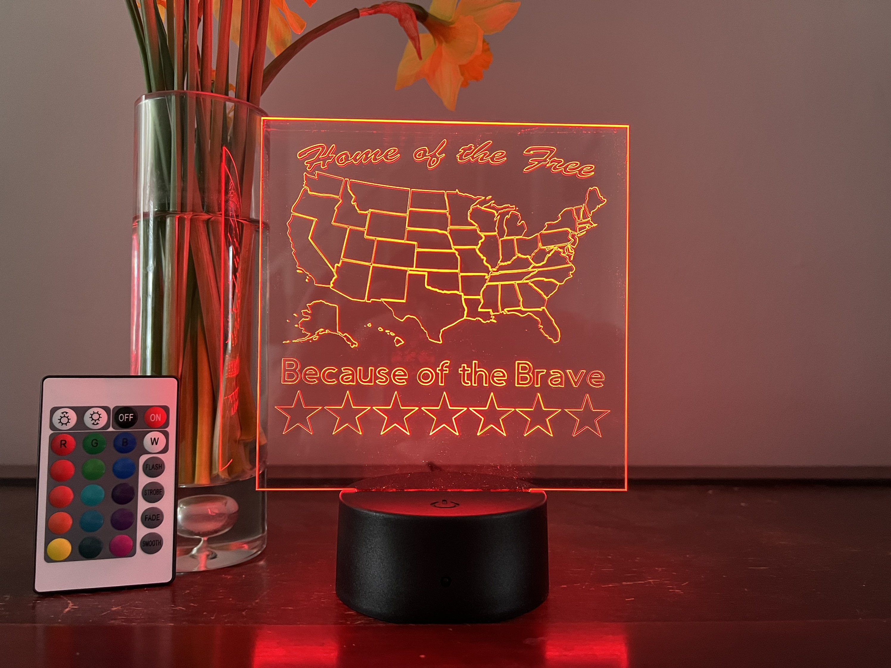 Engraved Patriotic Acrylic LED Light Home of the Free 16 Color Remote  Controlled 