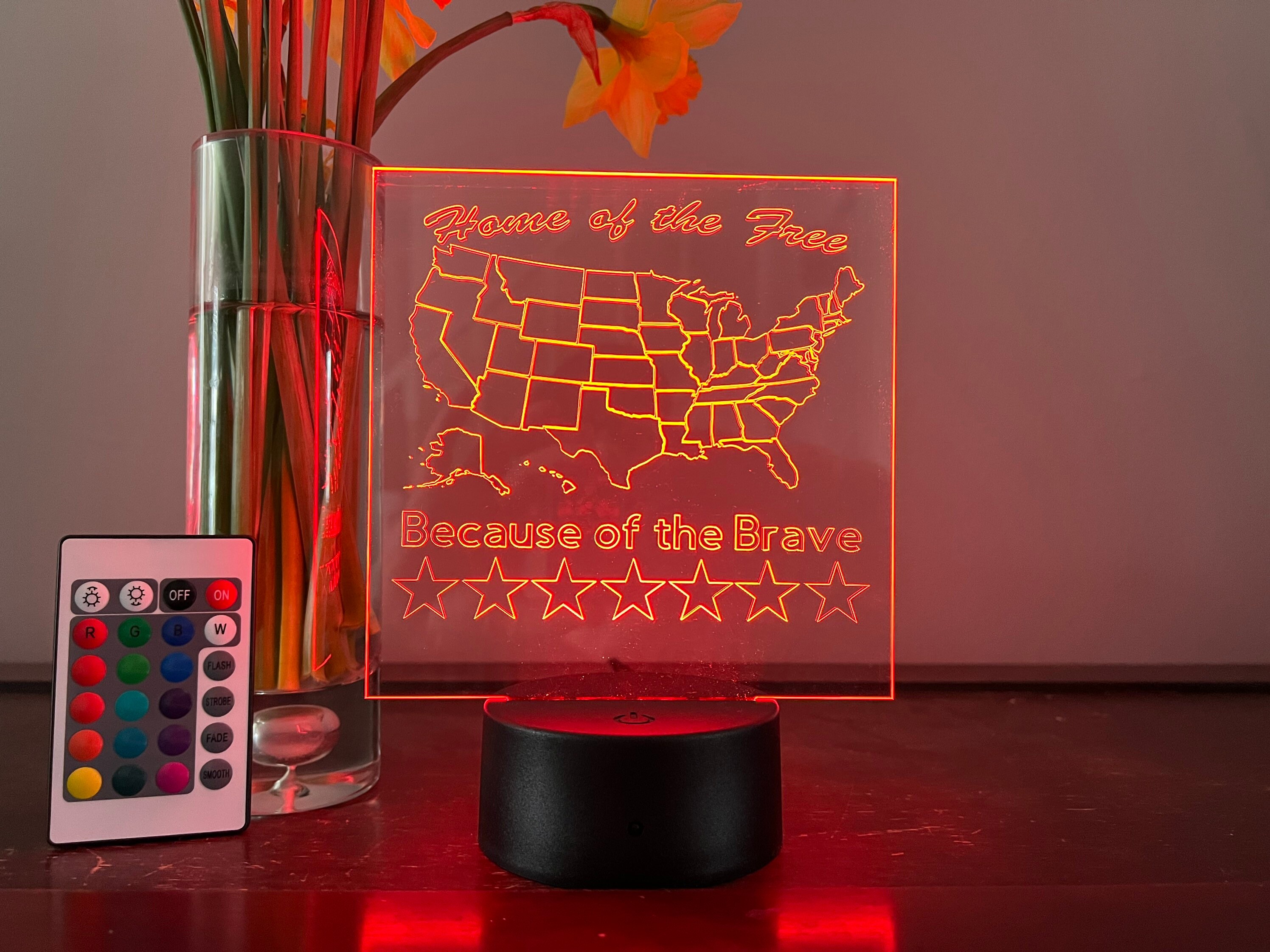 Engraved Patriotic Acrylic LED Light Home of the Free 16 Color Remote  Controlled 