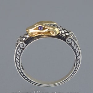 OUROBOROS silver and 14k yellow gold mens unisex Snake ring with Amethyst eyes