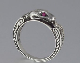 OUROBOROS 14K white gold mens Snake ring with Ruby eyes unisex band