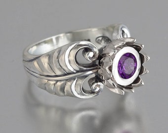 Sterling Silver Lotus Ring with Amethyst, Floral Statement Ring