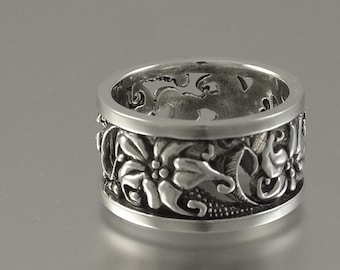 FLORAL ring, Lilies ring, Art Nouveau inspired silver band