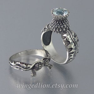 BLOOMING THISTLE sterling silver ring and wedding band set with Aquamarine