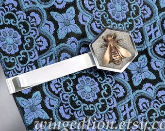 silver Tie Bar, sterling & bronze tie bar, HONEY BEE tie Clip