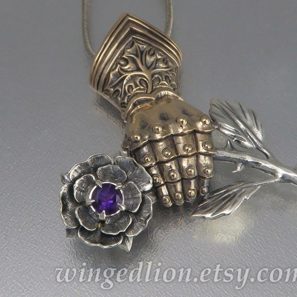 CHIVALRY Medieval Rose silver and bronze Amethyst pendant
