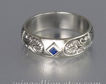 ALEXANDER 14K white gold mens wedding band with Blue Sapphire