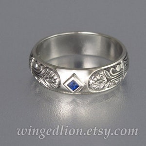 14K Weißgold Herren Ehering, blauer Saphir Ring, geschnitztes Design