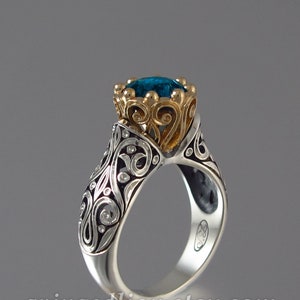 The ENCHANTED PRINCESS engagement ring with London Blue Topaz in silver and 14k gold, Renaissance Style Ornate Ring