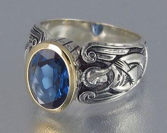 GUARDIAN ANGELS 14k gold & silver Ring with London Blue Topaz (sizes 8 to 14)