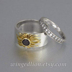 FULL SUN total solar eclipse Engagement Ring & Wedding Band Set in silver and 18K gold Black Spinel white sapphires image 1