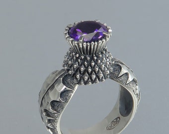 Silver amethyst ring, BLOOMING THISTLE silver ring with Amethyst, Scottish ring